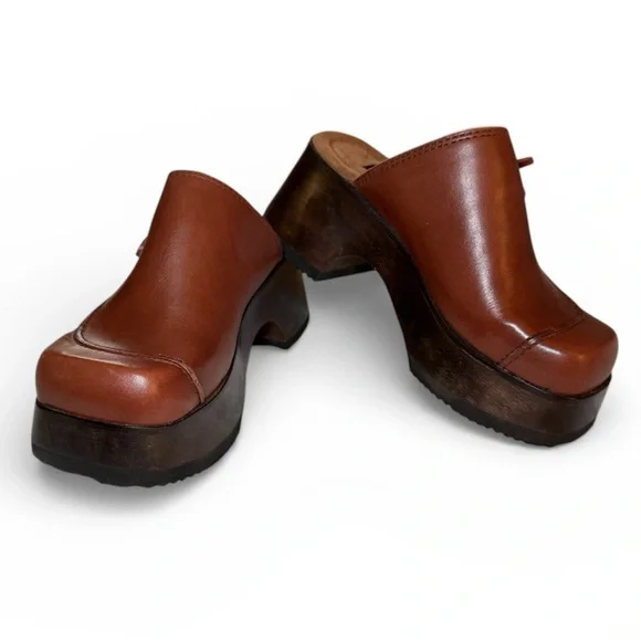 Vintage 90’s Candie's Brown Leather Platform Clogs Wood Heel Boho NWOT Size 6 - Picture 16 of 16